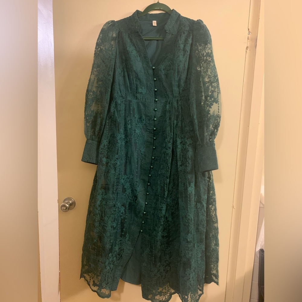 Vsadsau French Dark Green Embroidery Long Sleeve Lace Hollow Out Dress